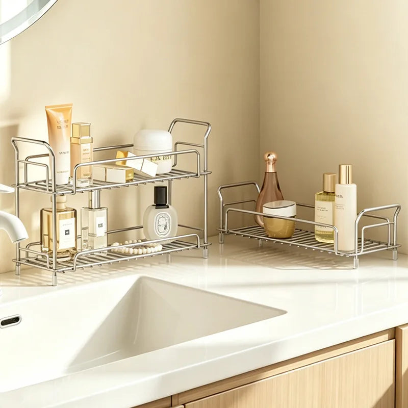 304 Stainless Steel 2-Tier Bathroom Countertop Organizer Rack for Cosmetics Skincare Toiletries Vanity Storage