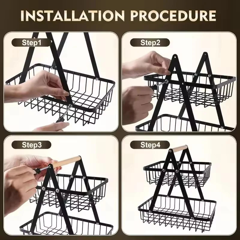 2-Tier Countertop Fruit Basket with Wooden Handle