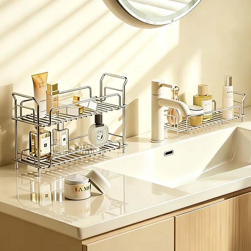 304 Stainless Steel 2-Tier Bathroom Countertop Organizer Rack for Cosmetics Skincare Toiletries Vanity Storage