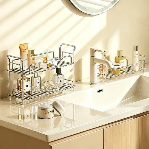 304 Stainless Steel 2-Tier Bathroom Countertop Organizer Rack for Cosmetics Skincare Toiletries Vanity Storage