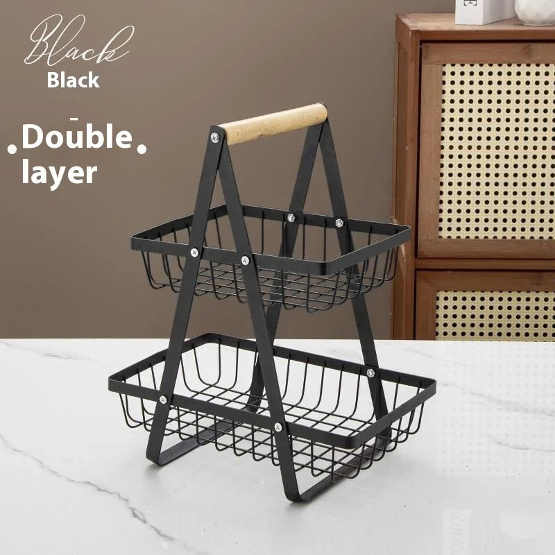 2-Tier Countertop Fruit Basket with Wooden Handle