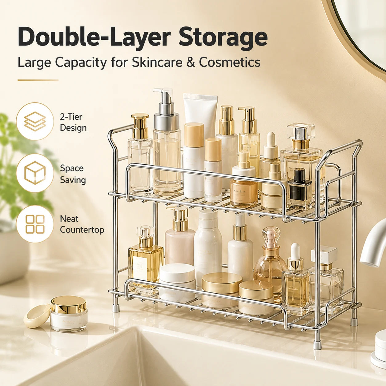 304 Stainless Steel 2-Tier Bathroom Countertop Organizer Rack for Cosmetics Skincare Toiletries Vanity Storage