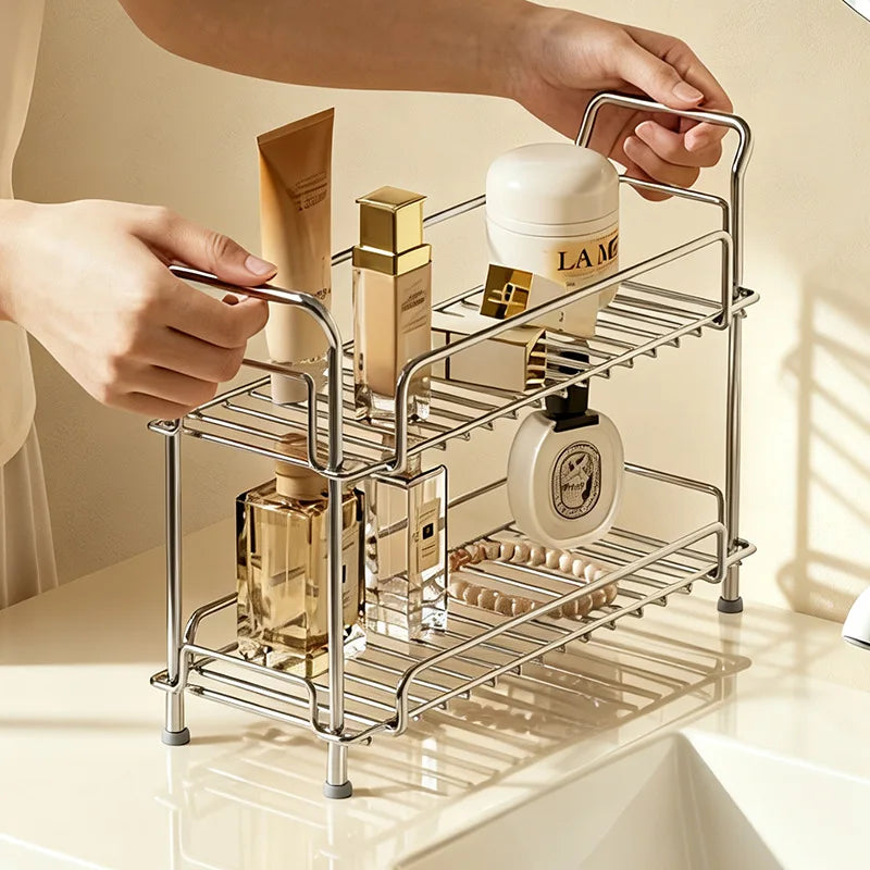 304 Stainless Steel 2-Tier Bathroom Countertop Organizer Rack for Cosmetics Skincare Toiletries Vanity Storage