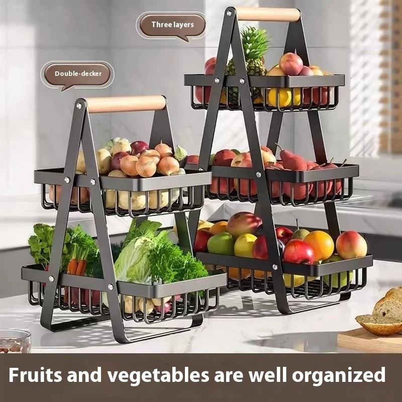 2-Tier Countertop Fruit Basket with Wooden Handle