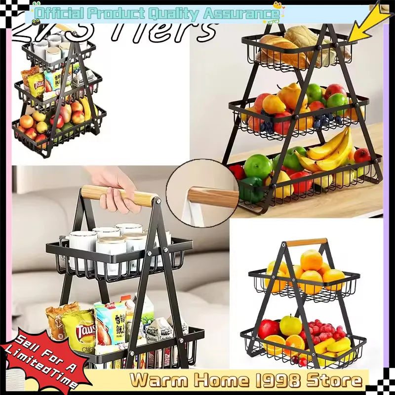 2-Tier Countertop Fruit Basket with Wooden Handle
