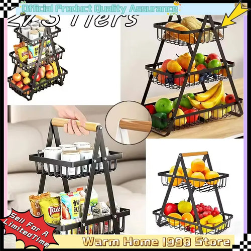 2-Tier Countertop Fruit Basket with Wooden Handle