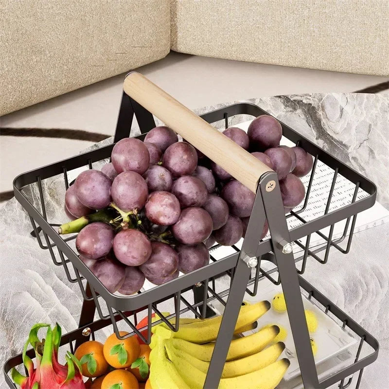 2-Tier Countertop Fruit Basket with Wooden Handle