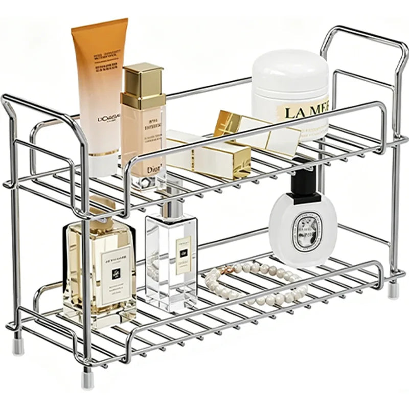 304 Stainless Steel 2-Tier Bathroom Countertop Organizer Rack for Cosmetics Skincare Toiletries Vanity Storage